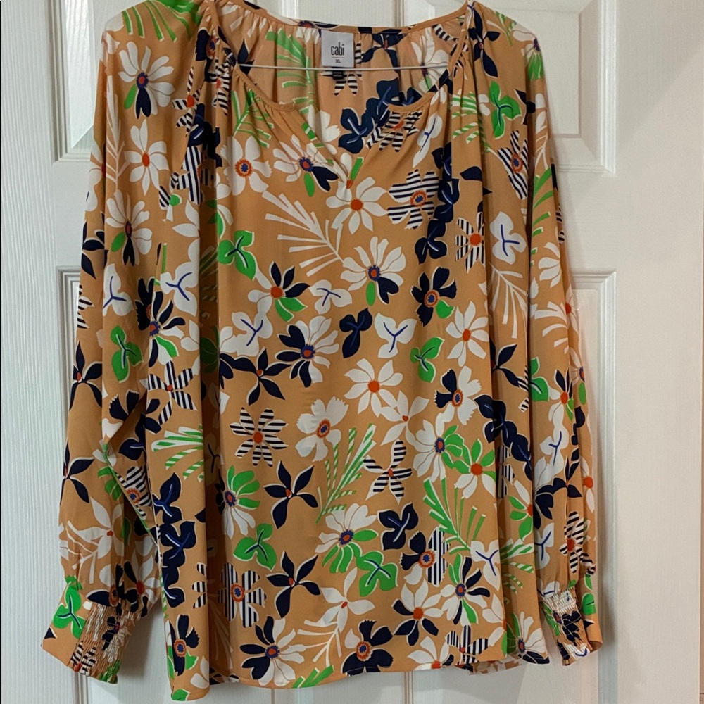 CAbi Women's Floral Blouse - Tan, Green, Blue, White. XL